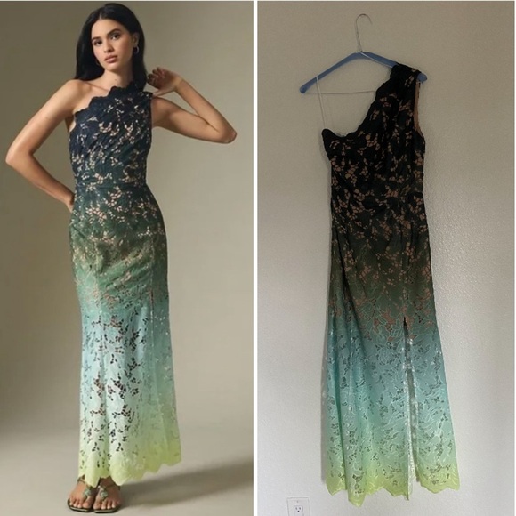 Anthropologie Eliatt Green/Blue Ombre One-Shoulder Sheer Lace Side-Slit Dress - Picture 1 of 10